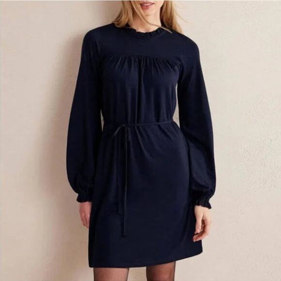 NWT Boden Easy Yoke Ruffle Trim Tie Waist Mini Jersey Dress Navy Blue 14 Regular - Picture 1 of 8